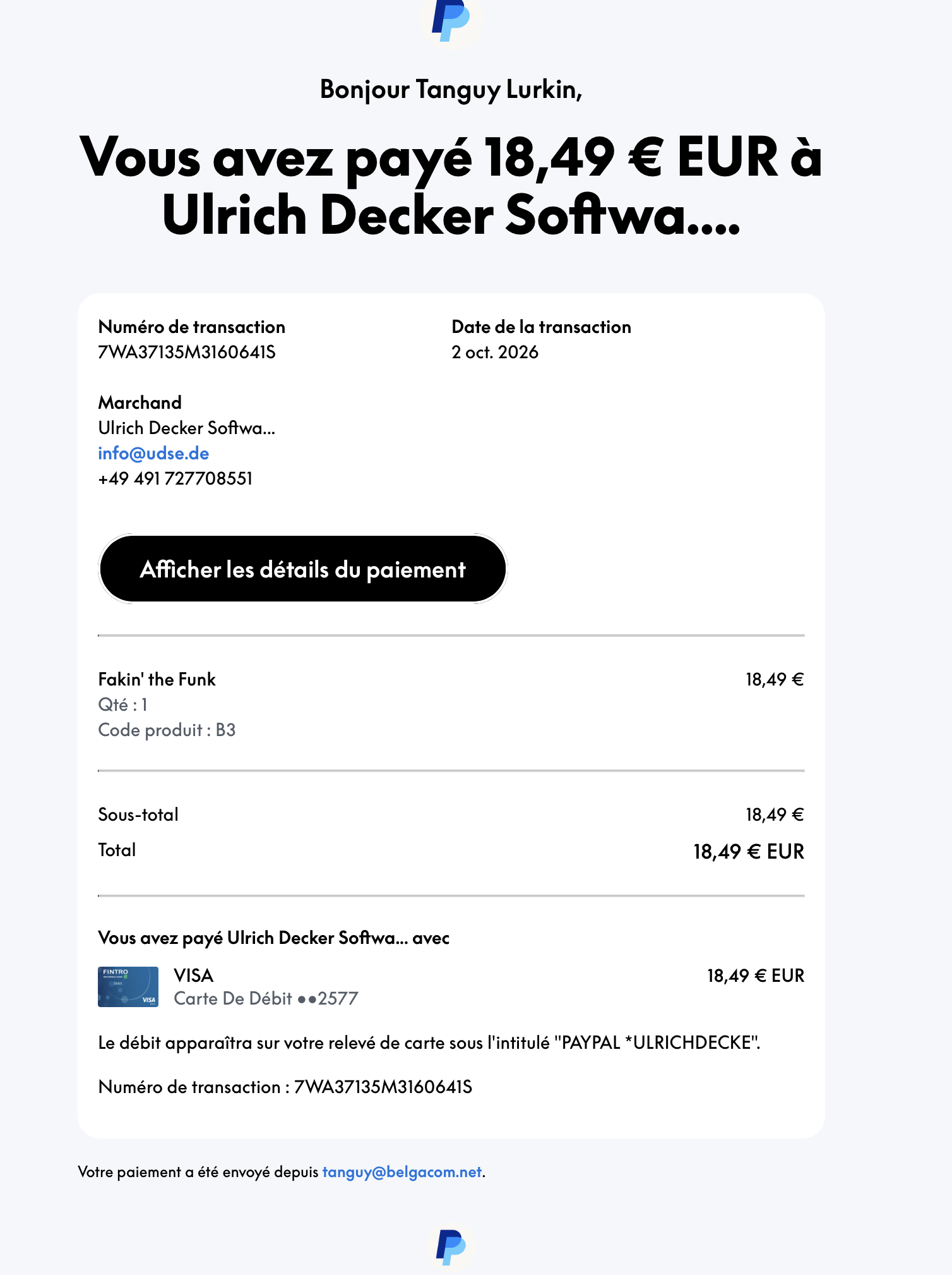 Paypal payment info